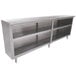 A stainless steel Advance Tabco dish cabinet on a long metal shelf.