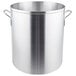 A large silver aluminum stock pot with handles.