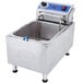 A Globe electric countertop fryer with a blue and silver handle.