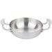 A silver Vollrath Miramar French omelet pan with handles.