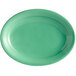 A green oval china coupe platter with a white center and stripes.