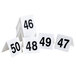 White table tents with black numbers 26 to 50.