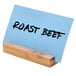 An American Metalcraft natural bamboo table card holder with a blue sign reading "roast beef"
