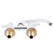 A chrome plated Equip by T&S deck mount swing faucet with two brass handles.