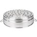 A silver round aluminum steamer with holes.