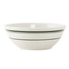 A white Tuxton china nappie bowl with green bands.