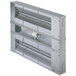 A Hatco stainless steel dual infrared food warmer with lights and a divider over a metal shelf.