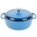 A Caribbean blue Lodge enameled cast iron pot with a lid.
