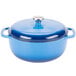 A Caribbean blue Lodge enameled cast iron dutch oven with lid.