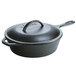 A Lodge black cast iron skillet with a handle and cover.