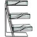A black metal stand with three glass shelves.