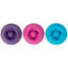 A group of colorful plastic Vacu Vin wine stoppers with holes in the rubber lids.