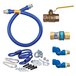A blue Dormont gas connector hose kit with fittings and a restraining cable.