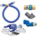 A blue Dormont gas connector hose kit with various parts.