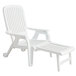 A case of 10 white plastic Grosfillex Bahia chairs with pull-out footrests.