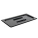 A black rectangular Cambro plastic lid with a handle.