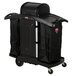 A black Rubbermaid housekeeping cart with black wheels and two bags.