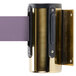 A brass wall-mount stanchion with a purple retractable belt attached.