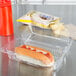 A hot dog in a Dart clear plastic high dome oblong container.