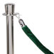A green fabric rope with silver metal ends attached to a silver pole.