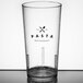 A close-up of a clear Cambro plastic tumbler with the word "pasta" on it.