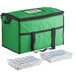 A green Choice insulated cooler bag with black straps and two brick cold packs.