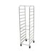 An unassembled white metal Advance Tabco sheet pan rack with four tiers on wheels.
