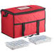 A red Choice insulated cooler bag with black straps and two white brick cold packs.
