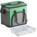 A green and grey Choice insulated cooler bag with a brick cold pack inside.