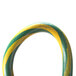 A close-up of a yellow and green curved rope with a white background.