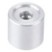 A round silver actuator switch with a threaded hole.