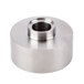 A stainless steel round metal bearing cap with a hole in the center.