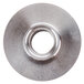 A close-up of a metal circular Waring bearing cap with a hole in the center.