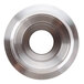 A close-up of a stainless steel circular Waring bearing holder with a hole in the center.