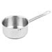 A Vollrath stainless steel saucepan with a cover and handle.
