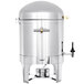 A large stainless steel Vollrath New York Coffee Urn with brass trim and a lid.