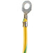 A close-up of a yellow and green cable with a metal hook.