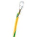 A yellow and green cable with green and yellow hooks.