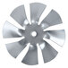 A metal fan blade with a hole in the center.