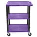 A purple Luxor utility cart with three shelves and black legs.