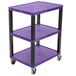 A Luxor purple three shelf utility cart with wheels.