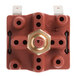 A red and gold Bunn switch and harness assembly with a hole in the middle.