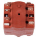 A red electrical switch and harness with metal parts and four wires and two terminals.