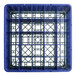 A gray full-size glass rack with 25 compartments and four blue extenders.