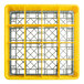 A gray full-size glass rack with 16 compartments and three yellow extenders.