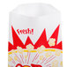 A white Paragon paper popcorn bag with red and yellow designs and the word "fresh" on it.
