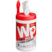 A container of WipesPlus food contact surface sanitizing wipes with a red lid.