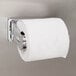 A Bobrick chrome toilet paper holder with a roll of toilet paper.