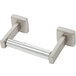 A stainless steel Bobrick surface-mounted toilet paper holder with a satin finish.