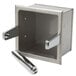 A stainless steel box with a metal handle for a roll of toilet paper and storage for an extra roll.
